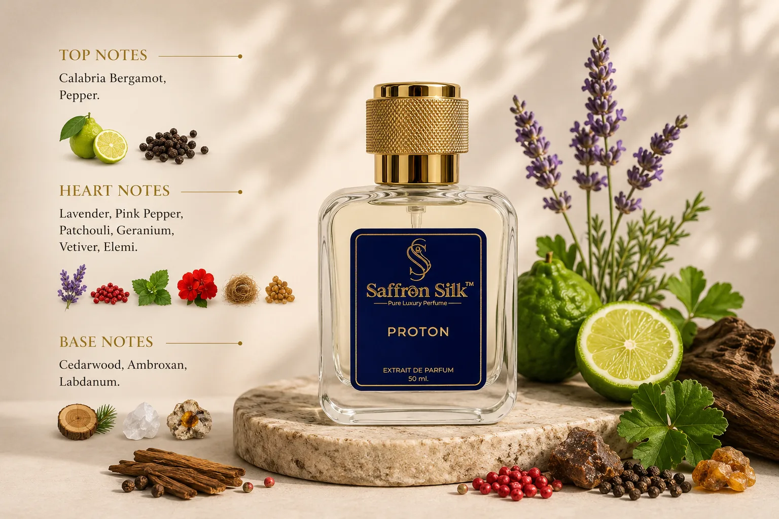Proton luxury perfume fragrance notes by Saffron Silk