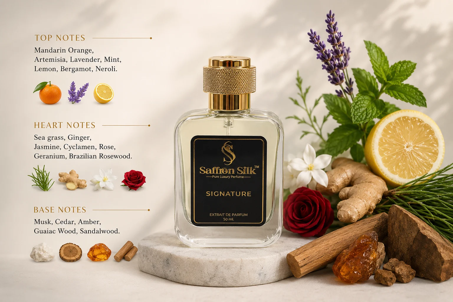 Signature luxury perfume fragrance notes by Saffron Silk
