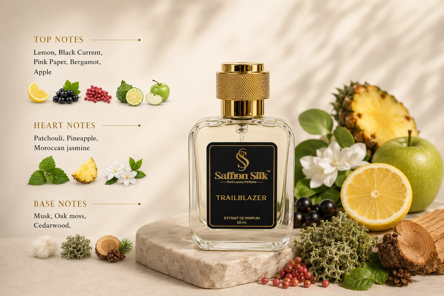 Trailblazer luxury perfume fragrance notes by Saffron Silk